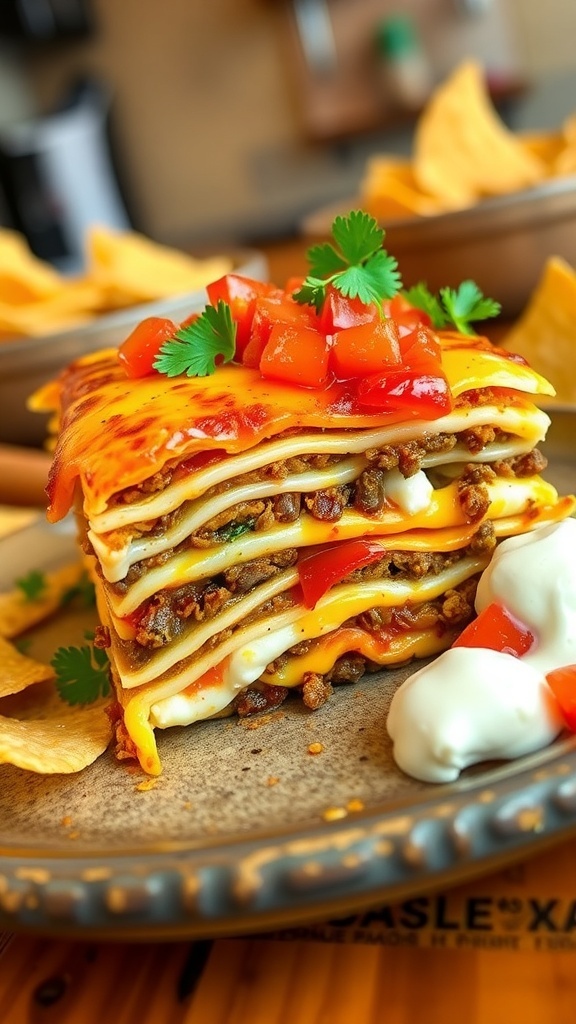 A slice of quesadilla lasagna with layers of cheese, beef, and salsa, garnished with cilantro, on a rustic plate.